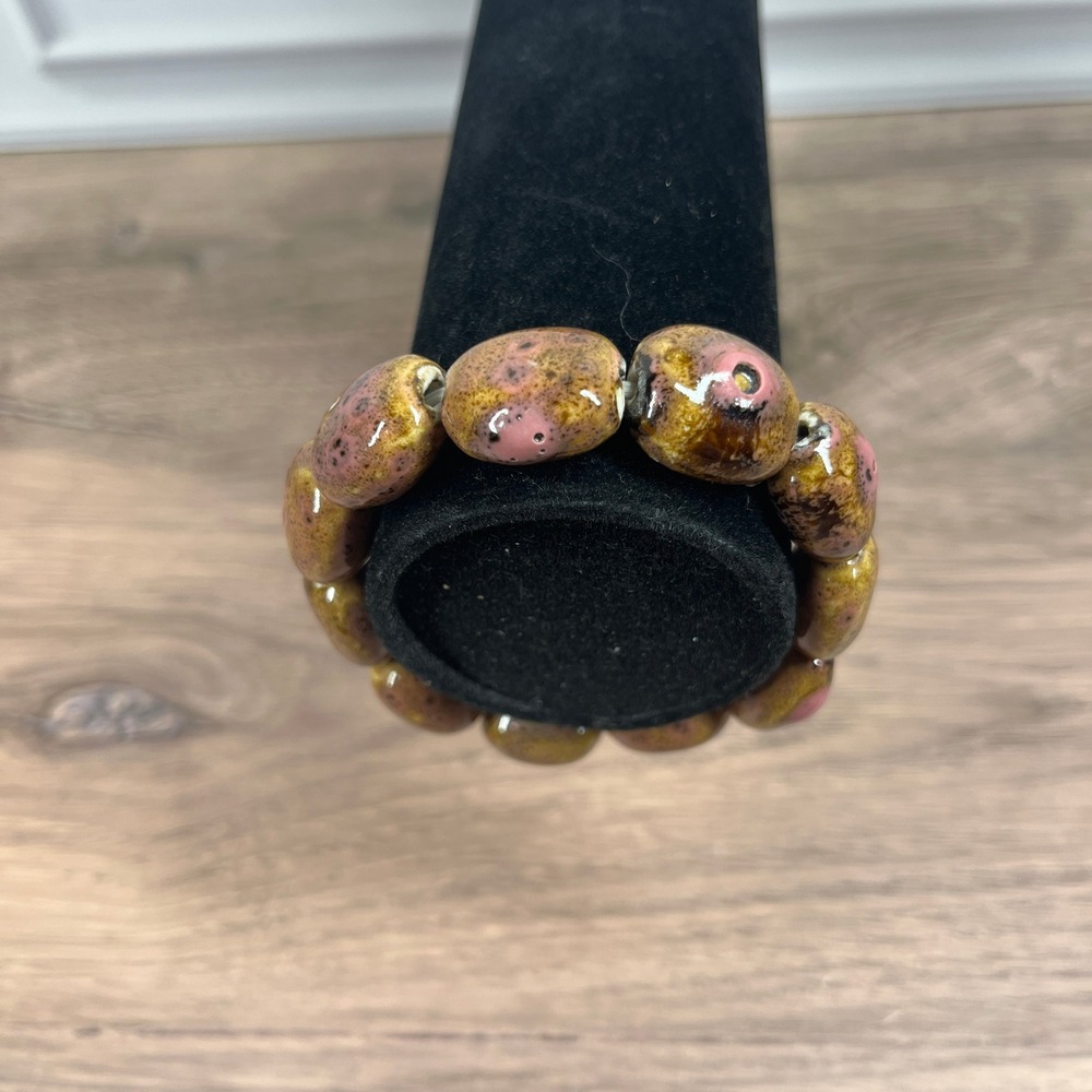 Artisan Ceramic Bead Stretch Bracelet 7 in Pink Mustard Speckled‎ Boho - Picture 2 of 7